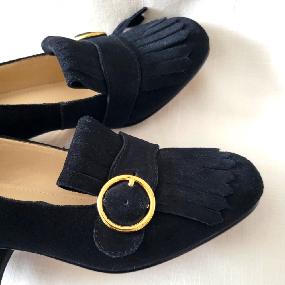 Mark Fisher Black Suede Block Heel & Fringe Loafer size 6 - Picture 14 of 15